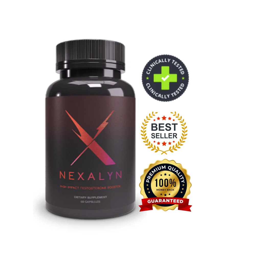 a bottle of Nexalyn, labeled as a High Impact Testosterone Booster containing 60 capsules. Surrounding the bottle are several promotional badges